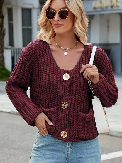 Round Neck Button Up Cardigan with Pockets-Angel Casuals
