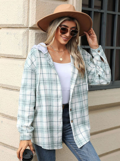 Drawstring Plaid Button Up Hooded Jacket-Angel Casuals