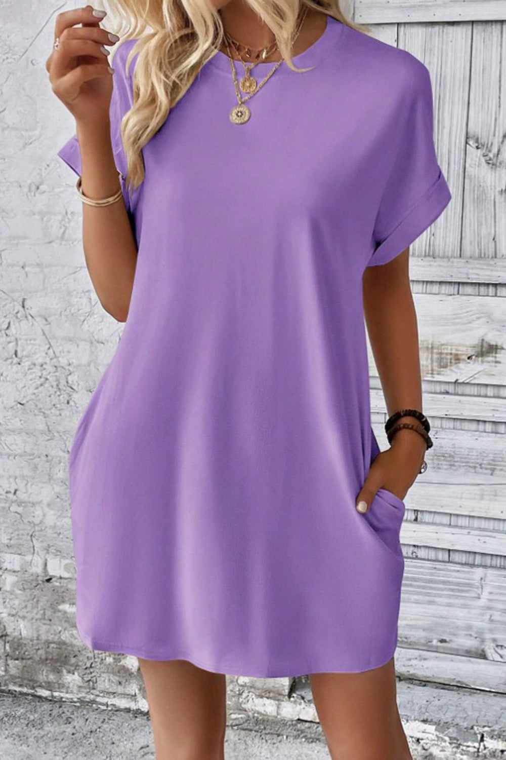 Pocketed Round Neck Short Sleeve Dress-Angel Casuals