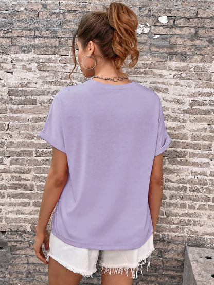 Round Neck Cuffed Sleeve T-Shirt-Angel Casuals