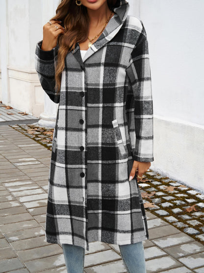 Devine Plaid Long Sleeve Hooded Coat-Angel Casuals