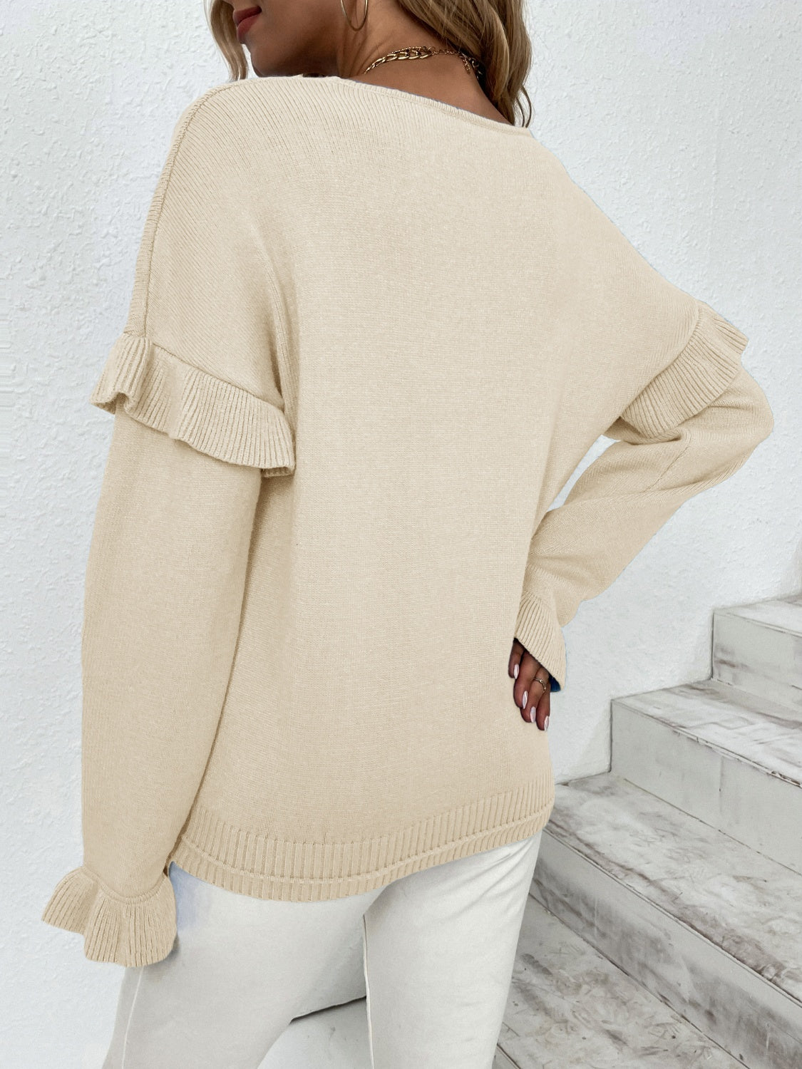 Ruffled V-Neck Dropped Shoulder Sweater-Angel Casuals