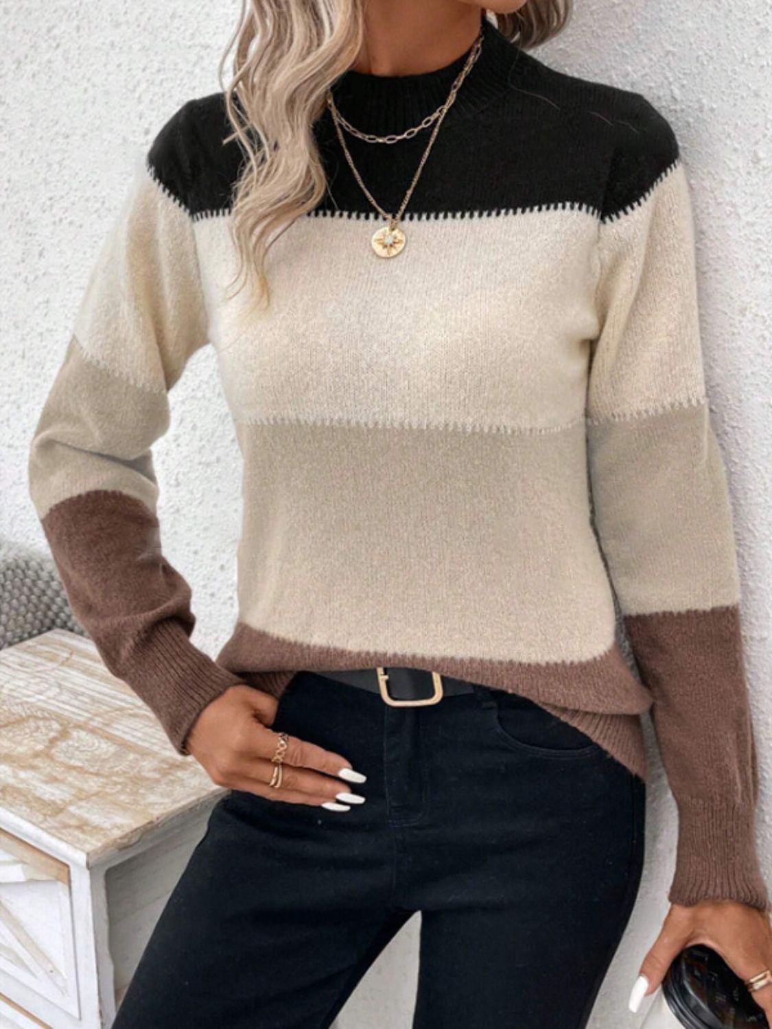 Color Block Mock Neck Long Sleeve Sweater-Angel Casuals