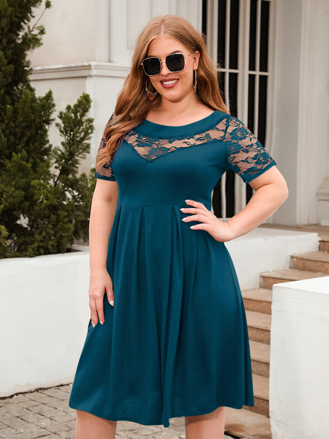 Plus Size Ruched Round Neck Short Sleeve Dress-Angel Casuals