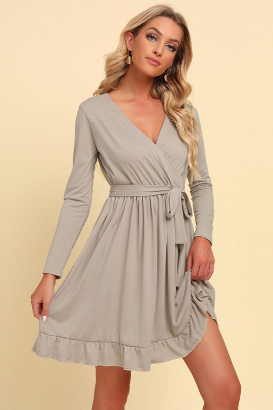 Long Sleeve Tie Waist Ruffle Hem Dress-Angel Casuals