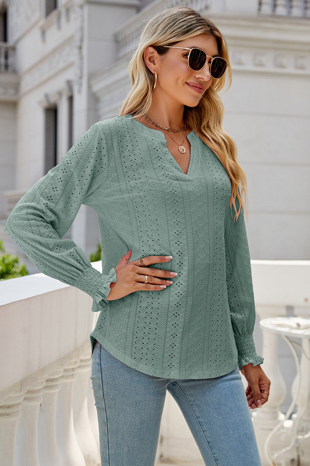 Eyelet Notched Lantern Sleeve T-Shirt-Angel Casuals