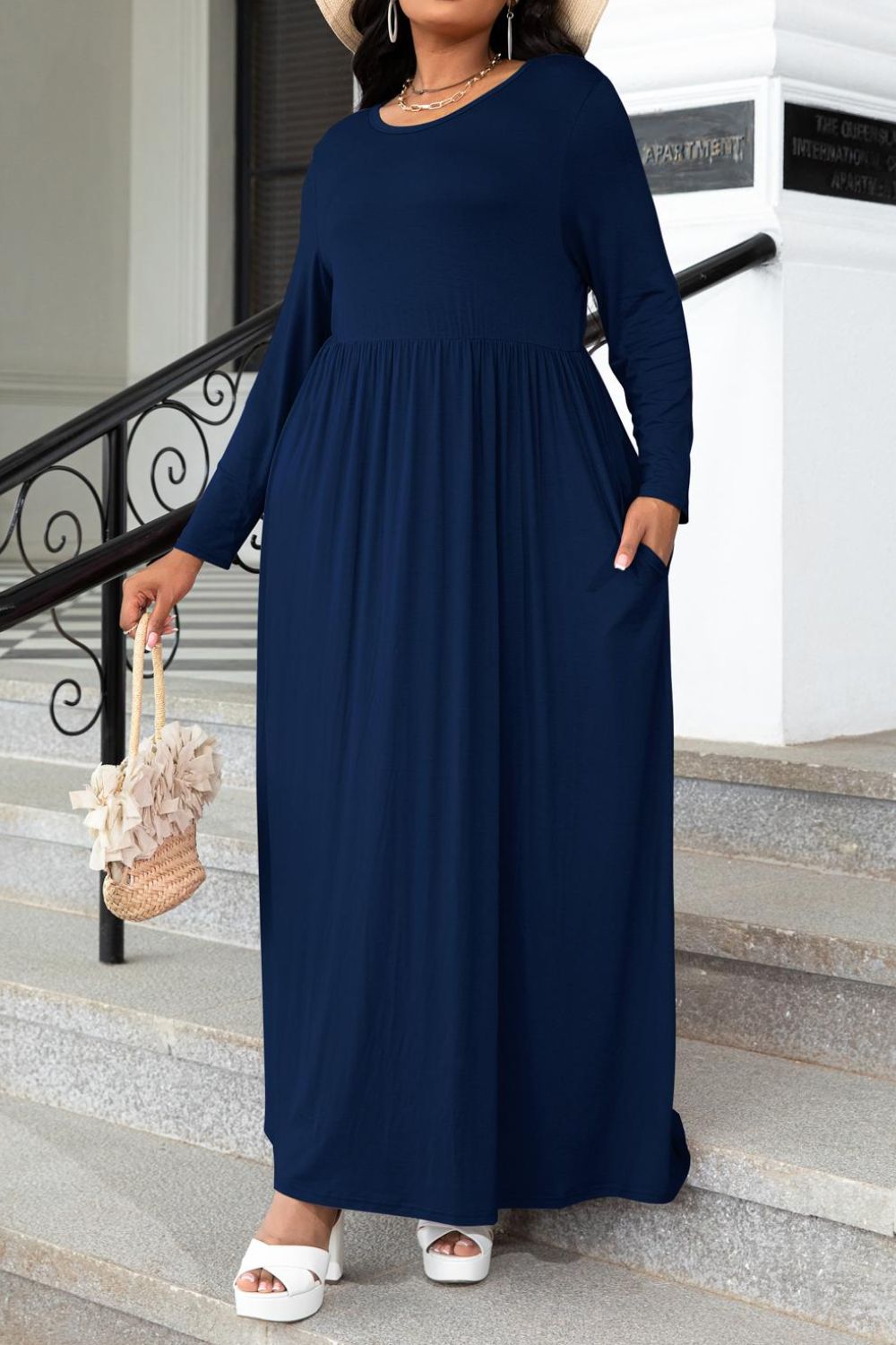 Plus Size Round Neck Long Sleeve Maxi Dress with Pockets-Angel Casuals