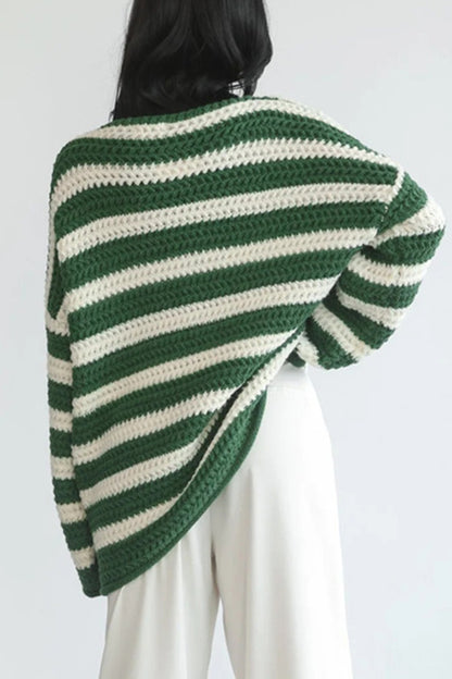 Striped Round Neck Dropped Shoulder Sweater-Angel Casuals