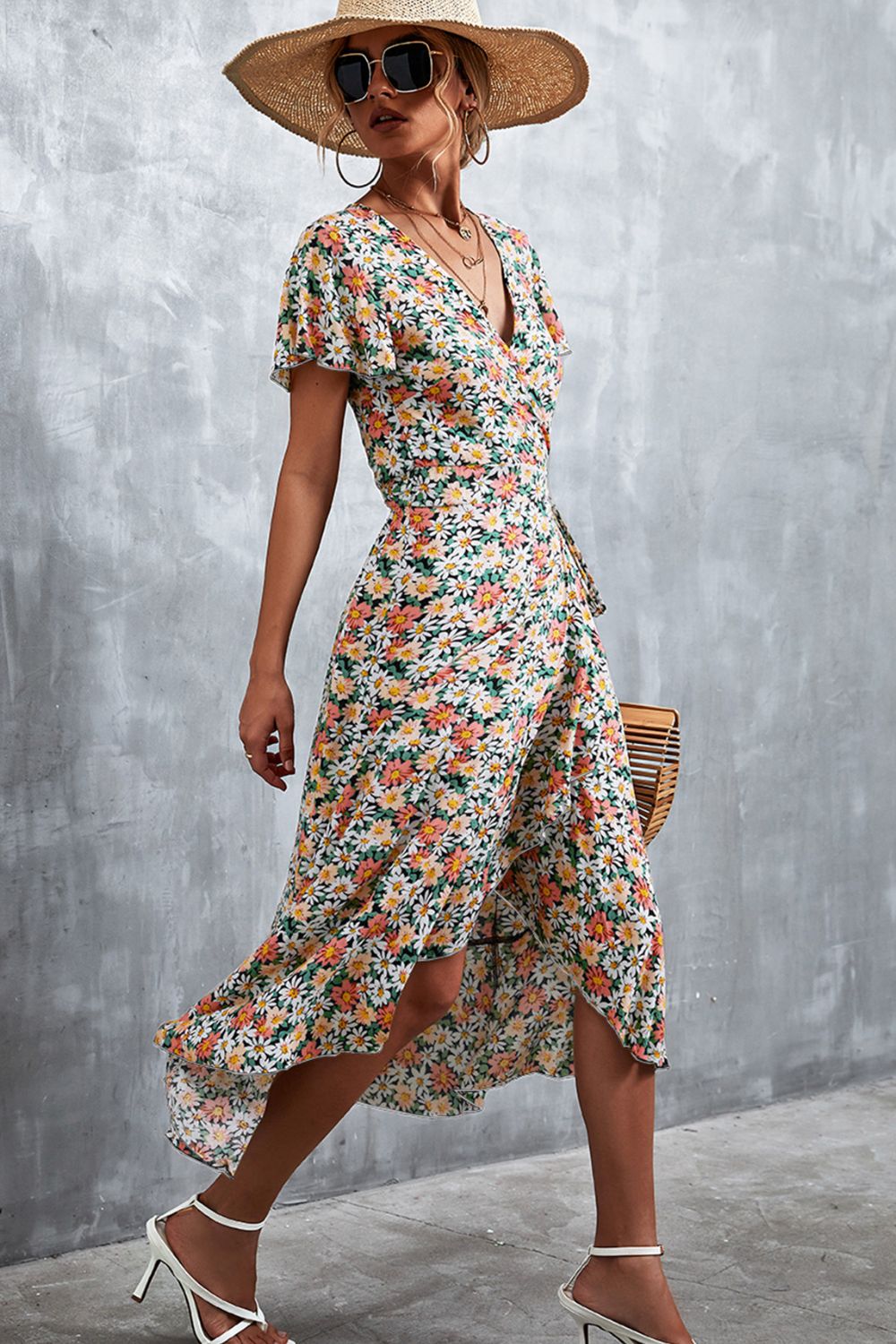 Floral Surplice Neck Tied Midi Dress-Angel Casuals