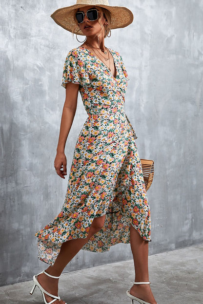 Floral Surplice Neck Tied Midi Dress-Angel Casuals