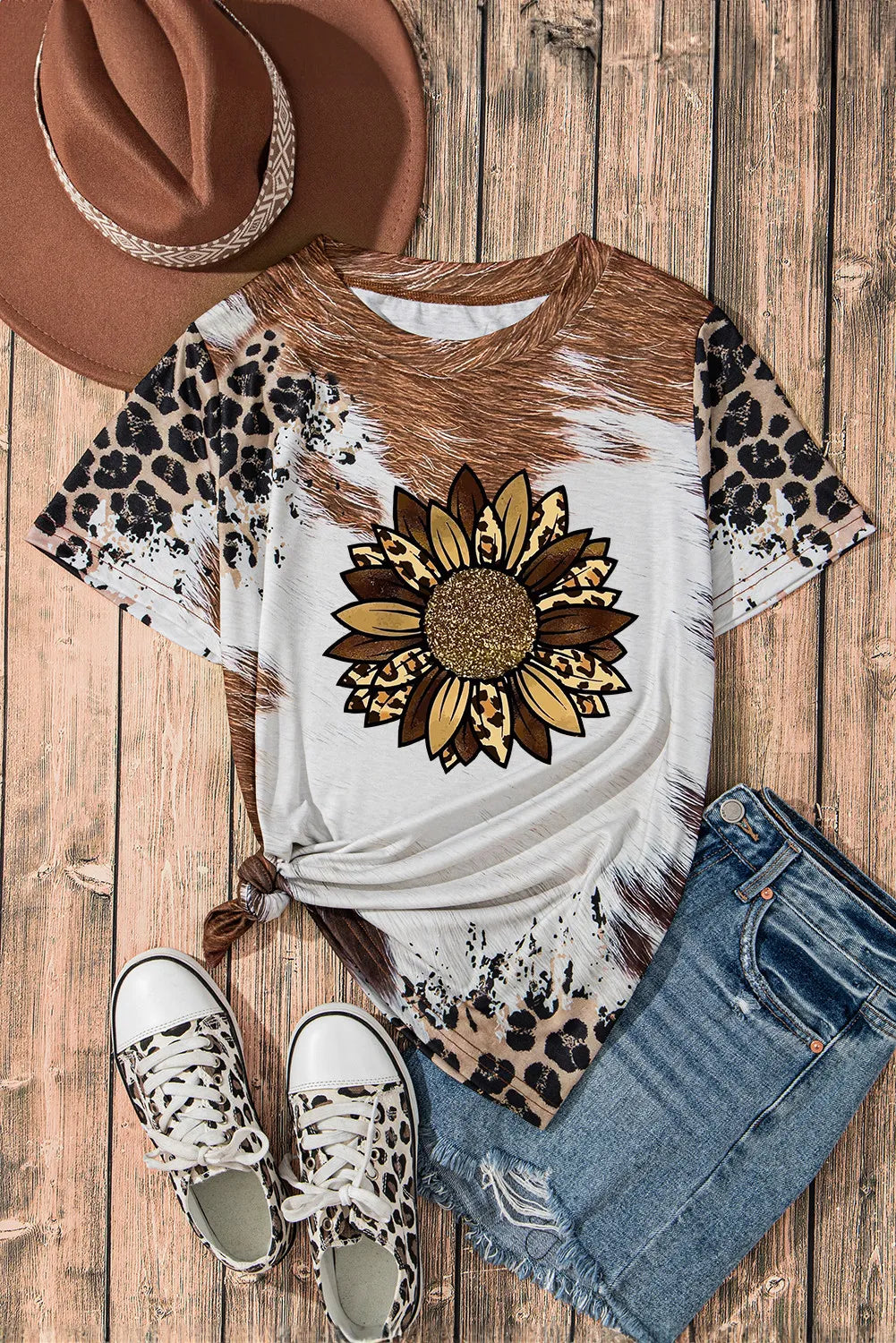 Sunflower Graphic Round Neck Short Sleeve T-Shirt-Angel Casuals