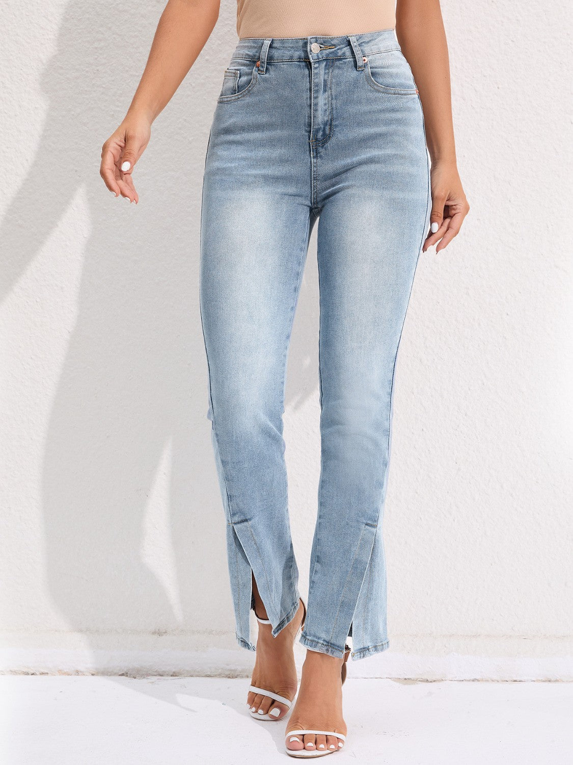 Slit Buttoned Jeans with Pockets-Angel Casuals