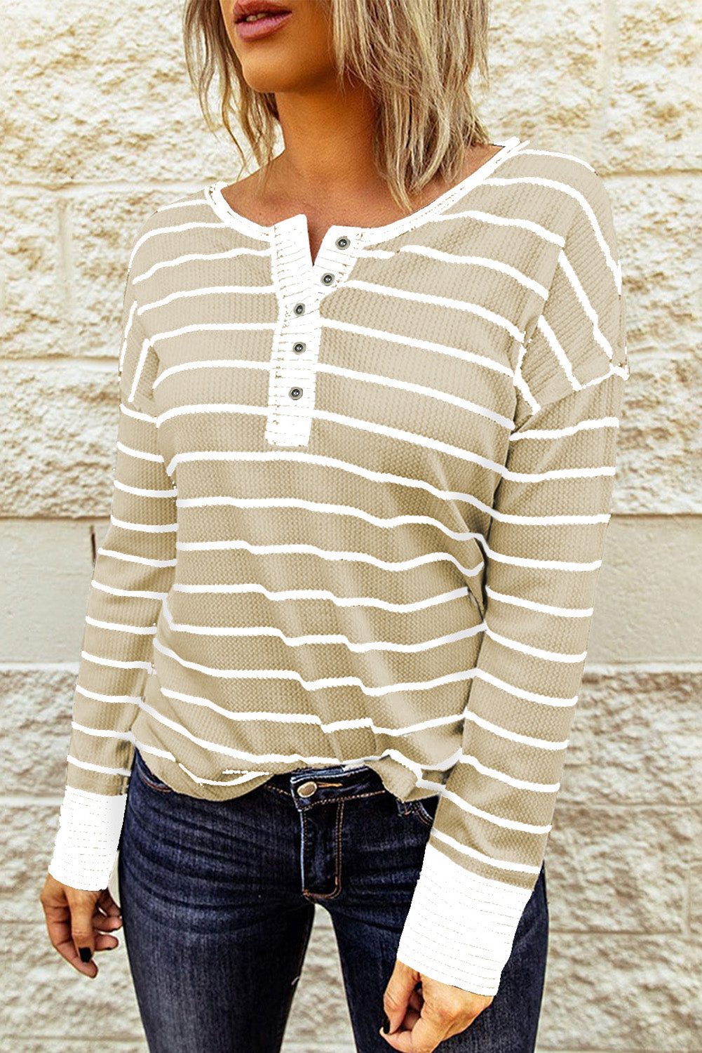 Striped Waffle Knit Henley Long Sleeve Top-Angel Casuals