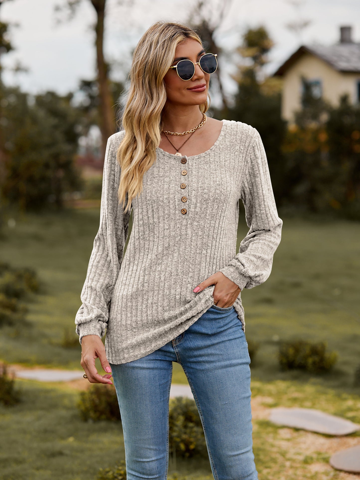 Round Neck Button-Down Long Sleeve Tee-Angel Casuals