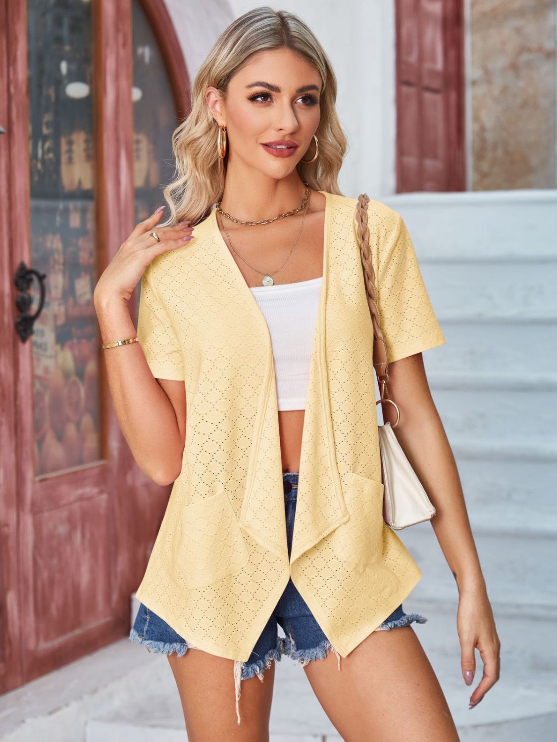 Eyelet Open Front Short Sleeve Cover Up-Angel Casuals