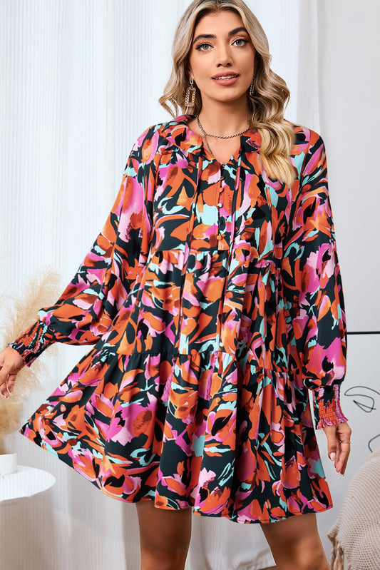 Printed Tie Neck Lantern Sleeve Mini Dress-Angel Casuals