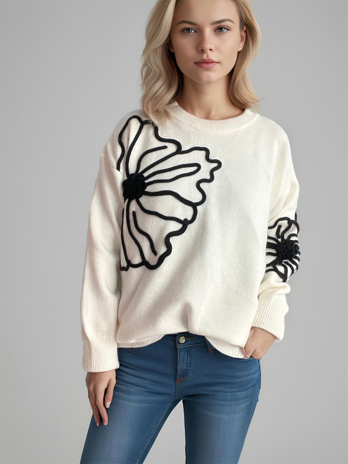 Flower Round Neck Long Sleeve Sweater-Angel Casuals