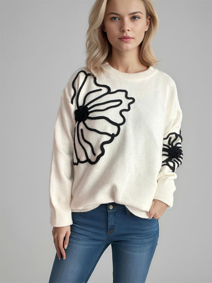 Flower Round Neck Long Sleeve Sweater-Angel Casuals