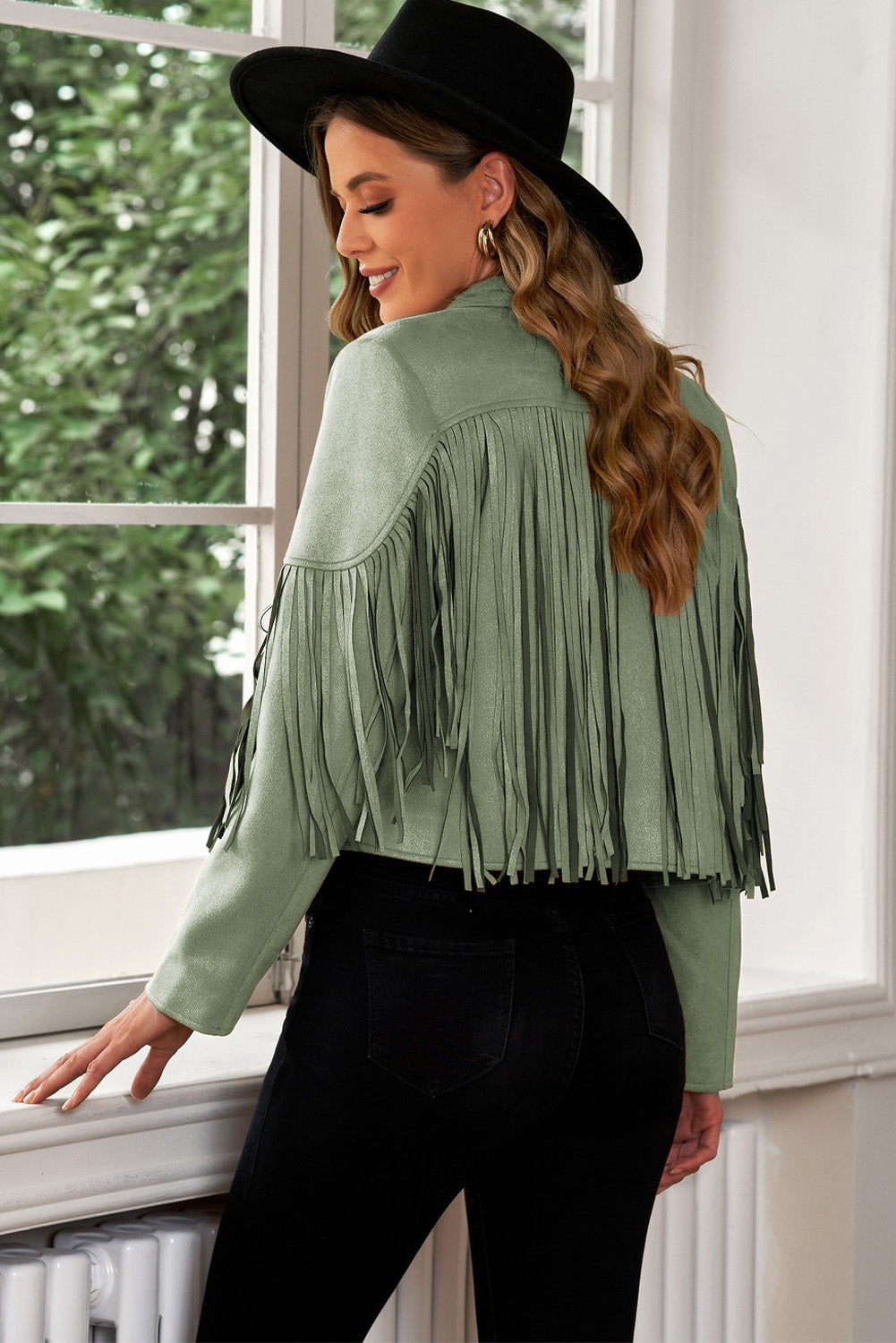 Fringe Trim Lapel Collar Cropped Blazer-Angel Casuals