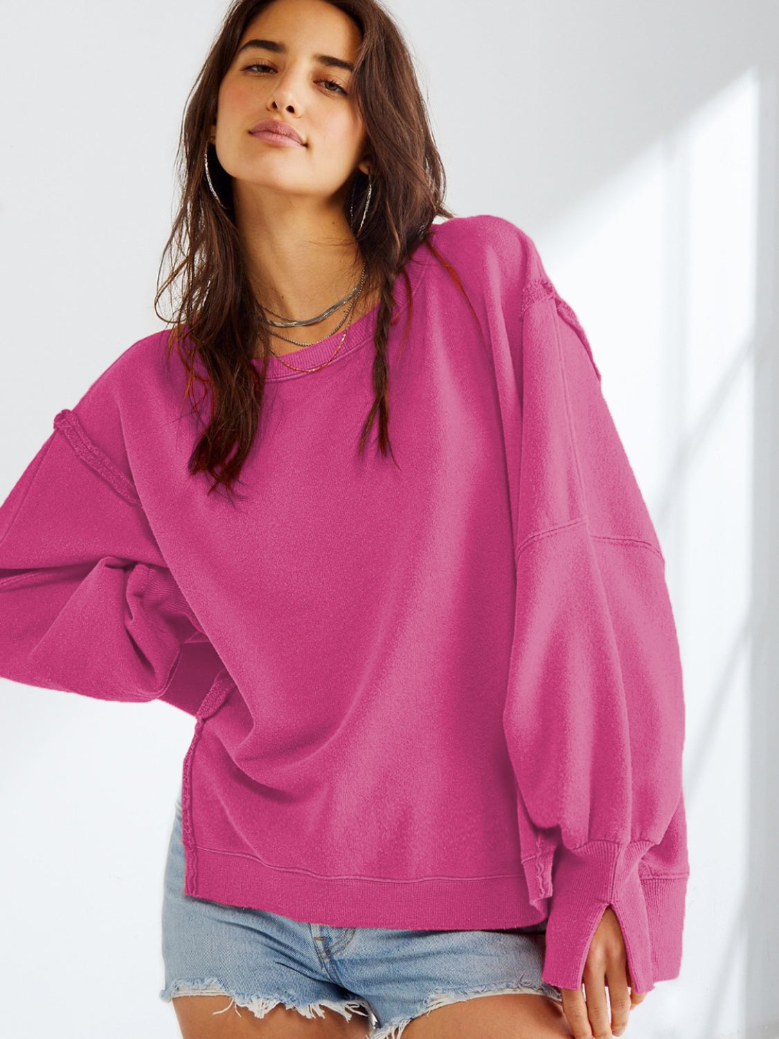 Slit Round Neck Dropped Shoulder T-Shirt-Angel Casuals