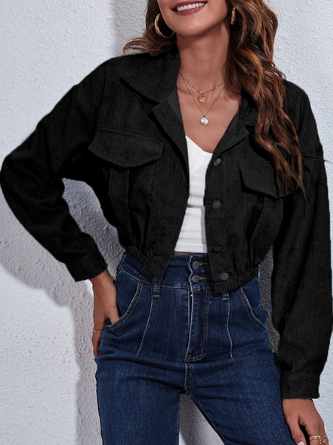 Collared Neck Dropped Shoulder Buttoned Jacket-Angel Casuals