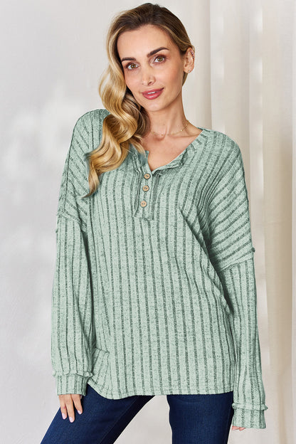 Basic Bae Full Size Ribbed Half Button Long Sleeve T-Shirt-Angel Casuals