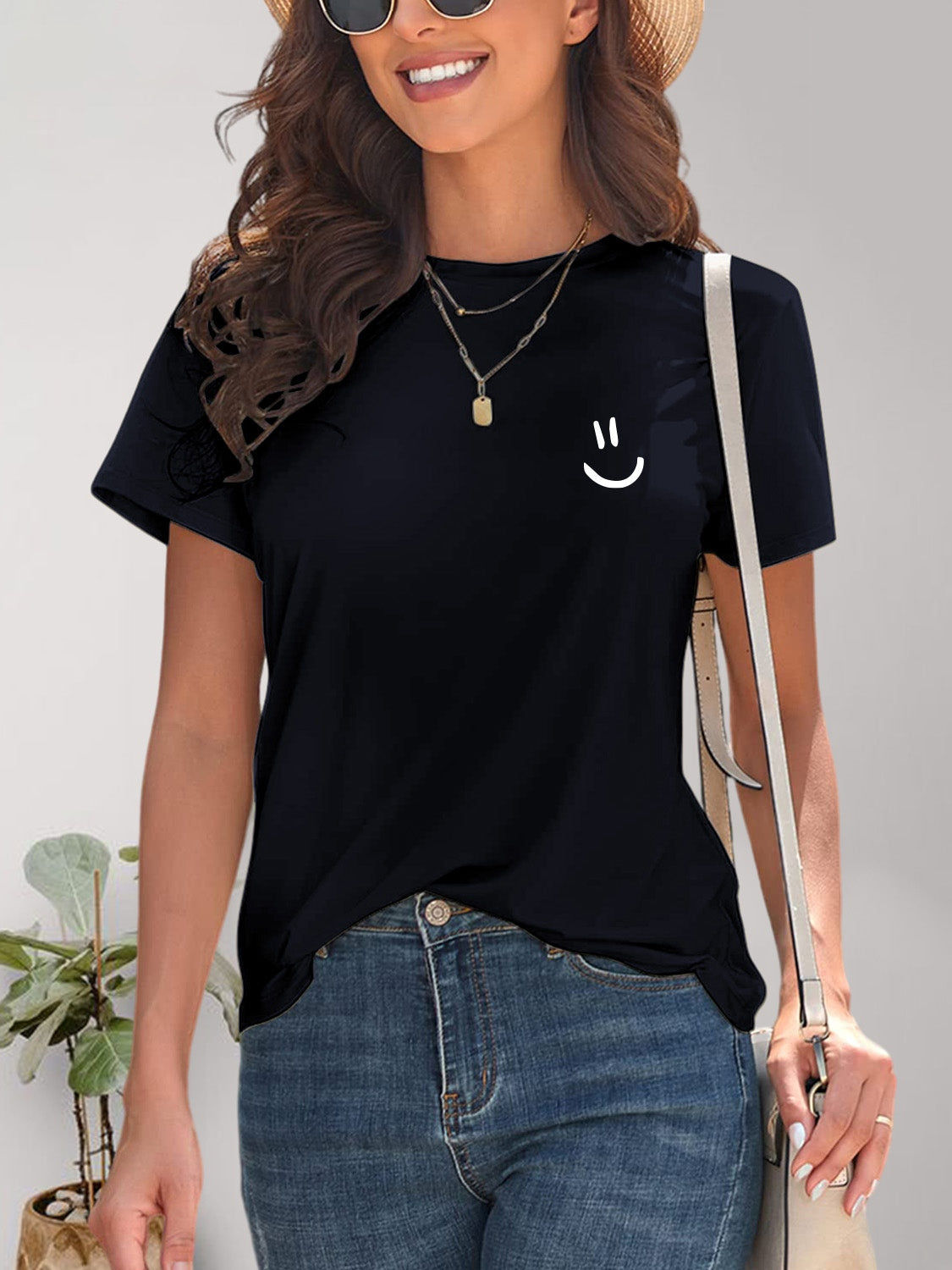 Smile Graphic Round Neck Short Sleeve T-Shirt-Angel Casuals