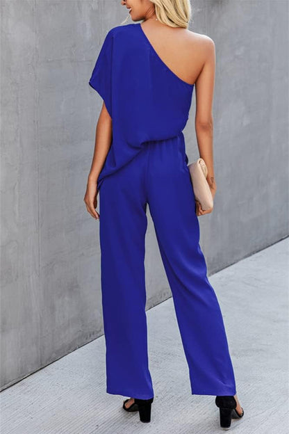 Single Shoulder Short Sleeve Jumpsuit-Angel Casuals