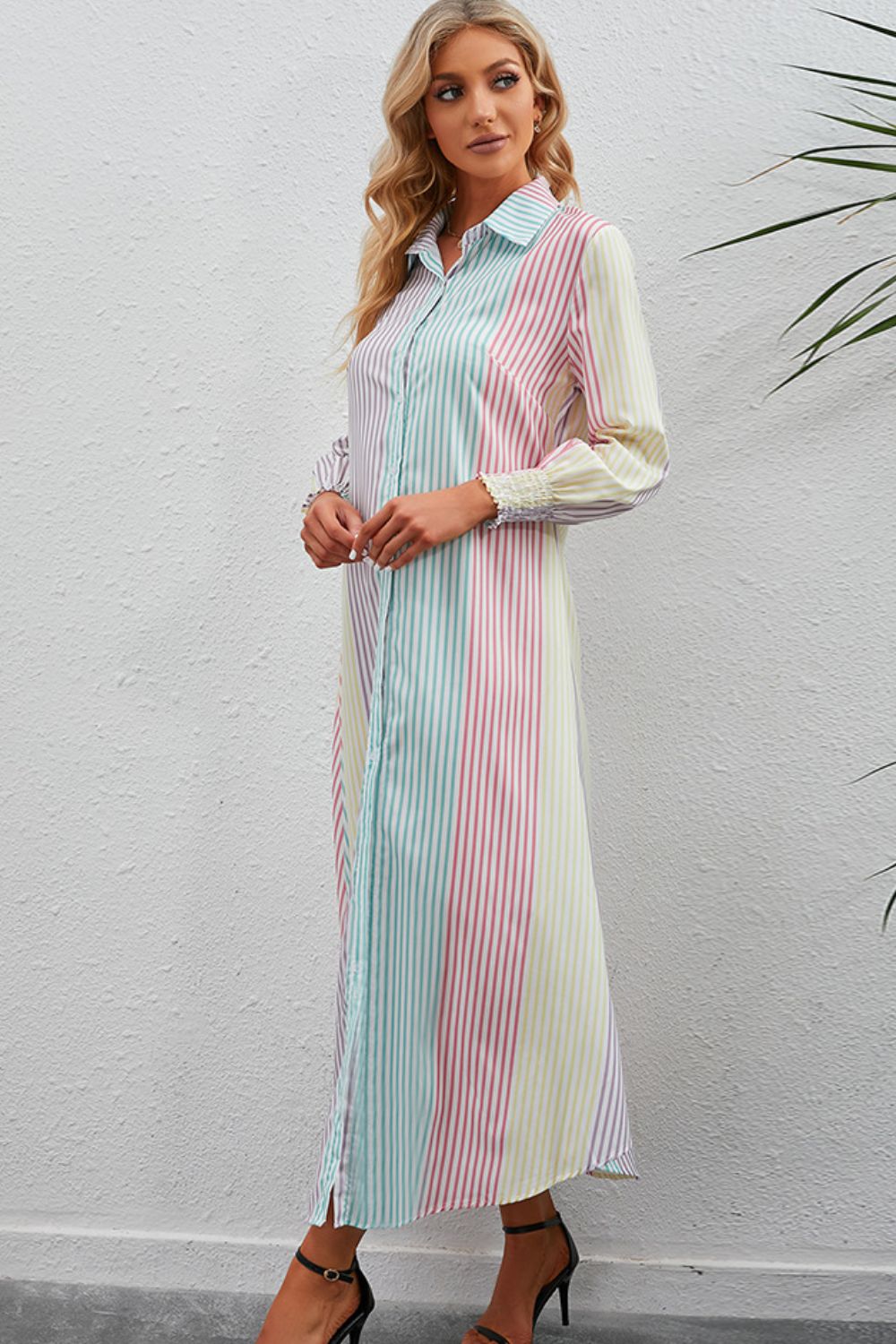 Rainbow Stripe Button-Up Maxi Shirt Dress-Angel Casuals