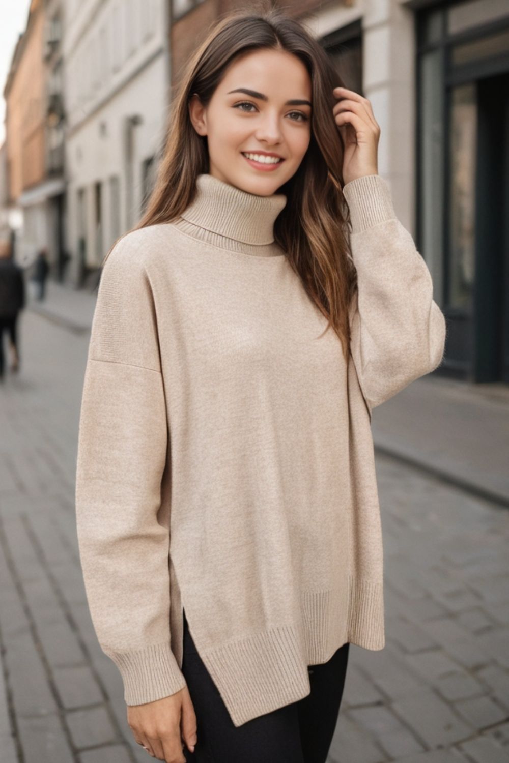 Basic Bae Side Slit Turtleneck Dropped Shoulder Sweater-Angel Casuals