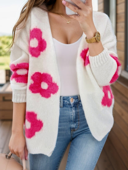 Flower Open Front Long Sleeve Cardigan-Angel Casuals