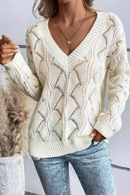 Openwork V-Neck Long Sleeve Sweater-Angel Casuals