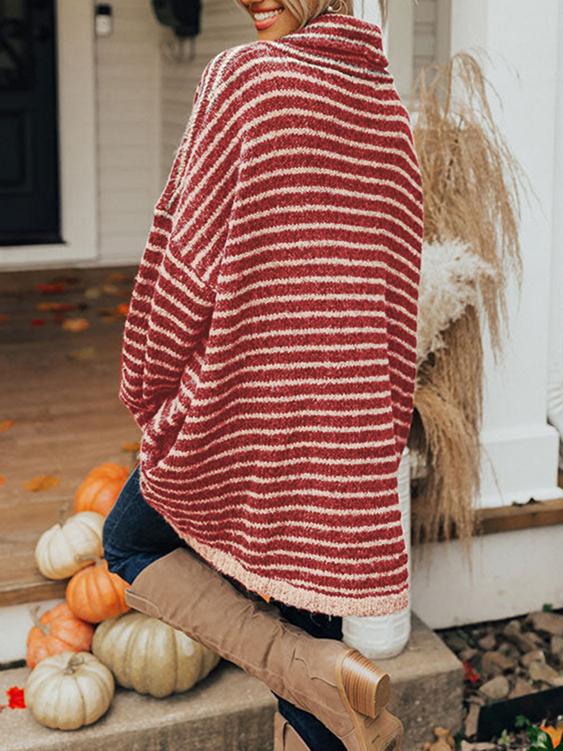 Striped Turtleneck Sweater with Pockets-Angel Casuals