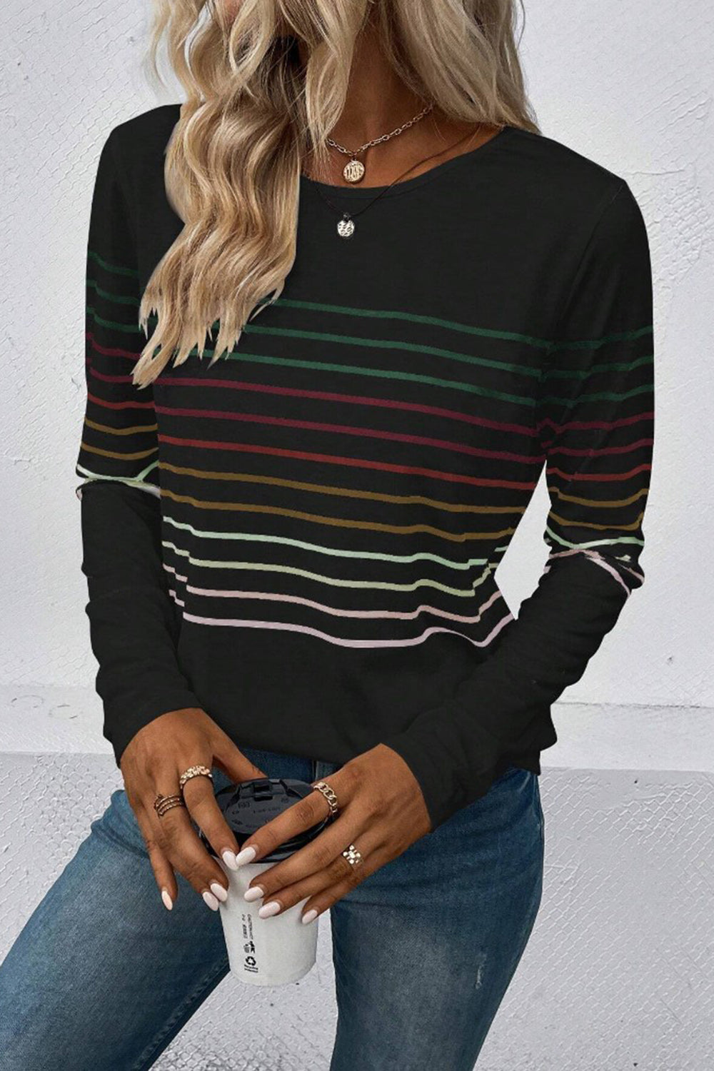 Striped Round Neck Long Sleeve T-Shirt-Angel Casuals
