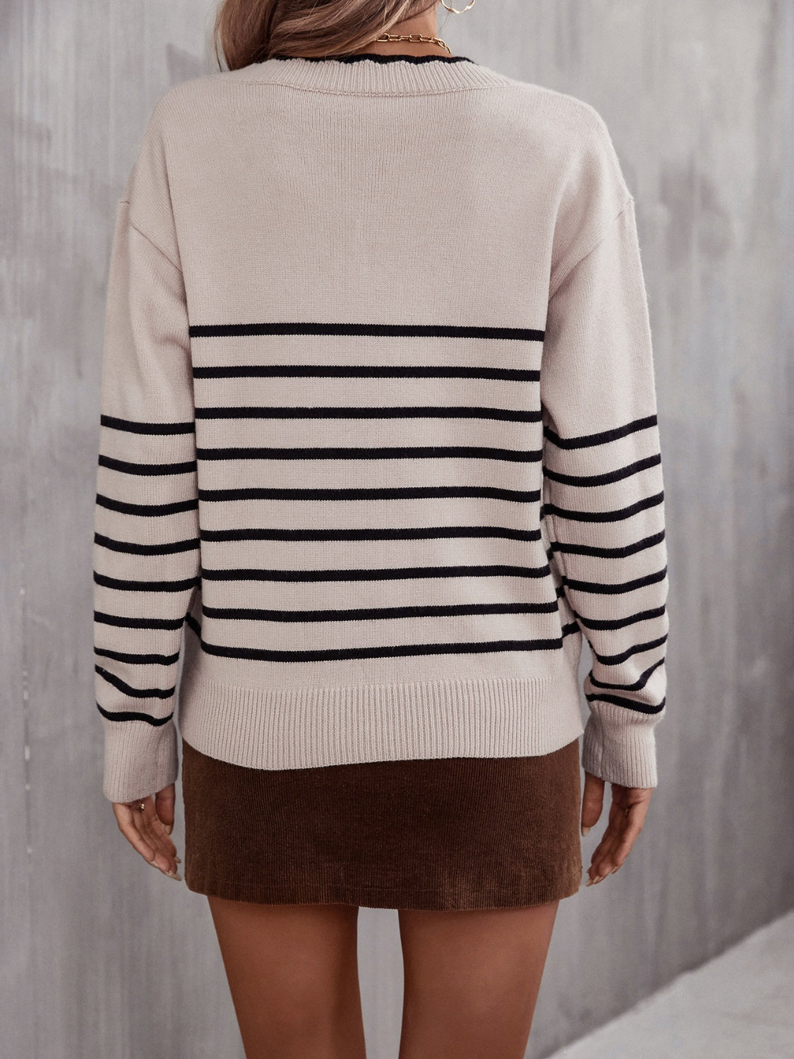 Angel Wings Striped V-Neck Drop Shoulder Sweater-Angel Casuals