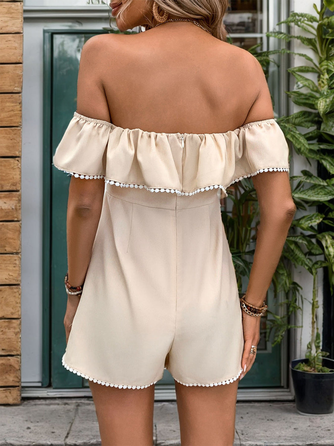 Tied Ruffled Off-Shoulder Short Sleeve Romper-Angel Casuals