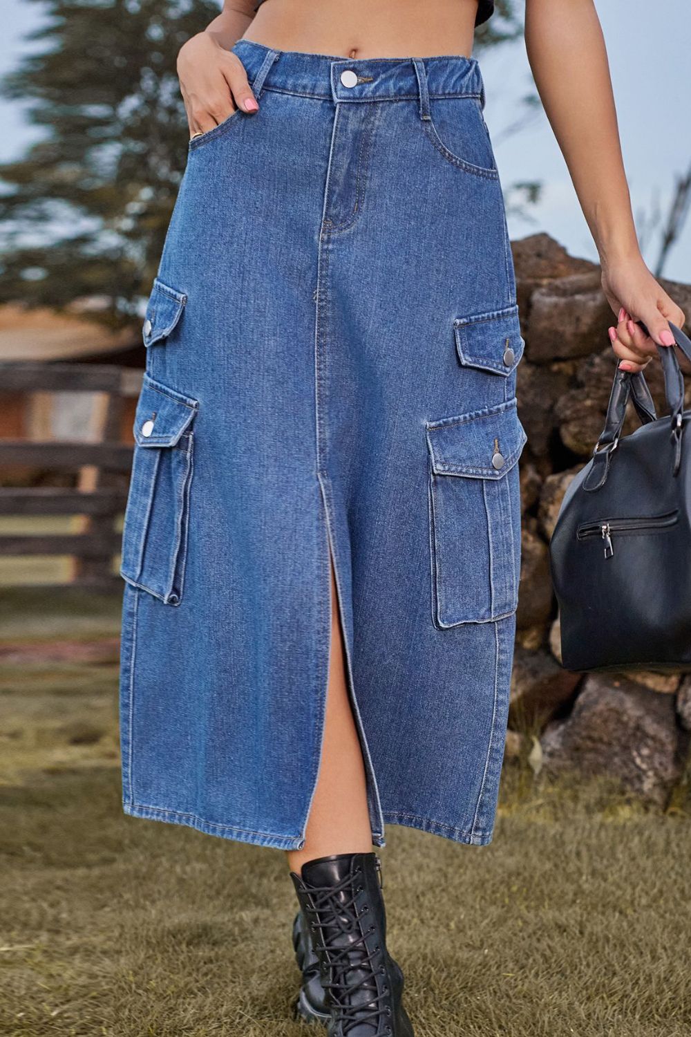 Slit Front Midi Denim Skirt with Pockets-Angel Casuals