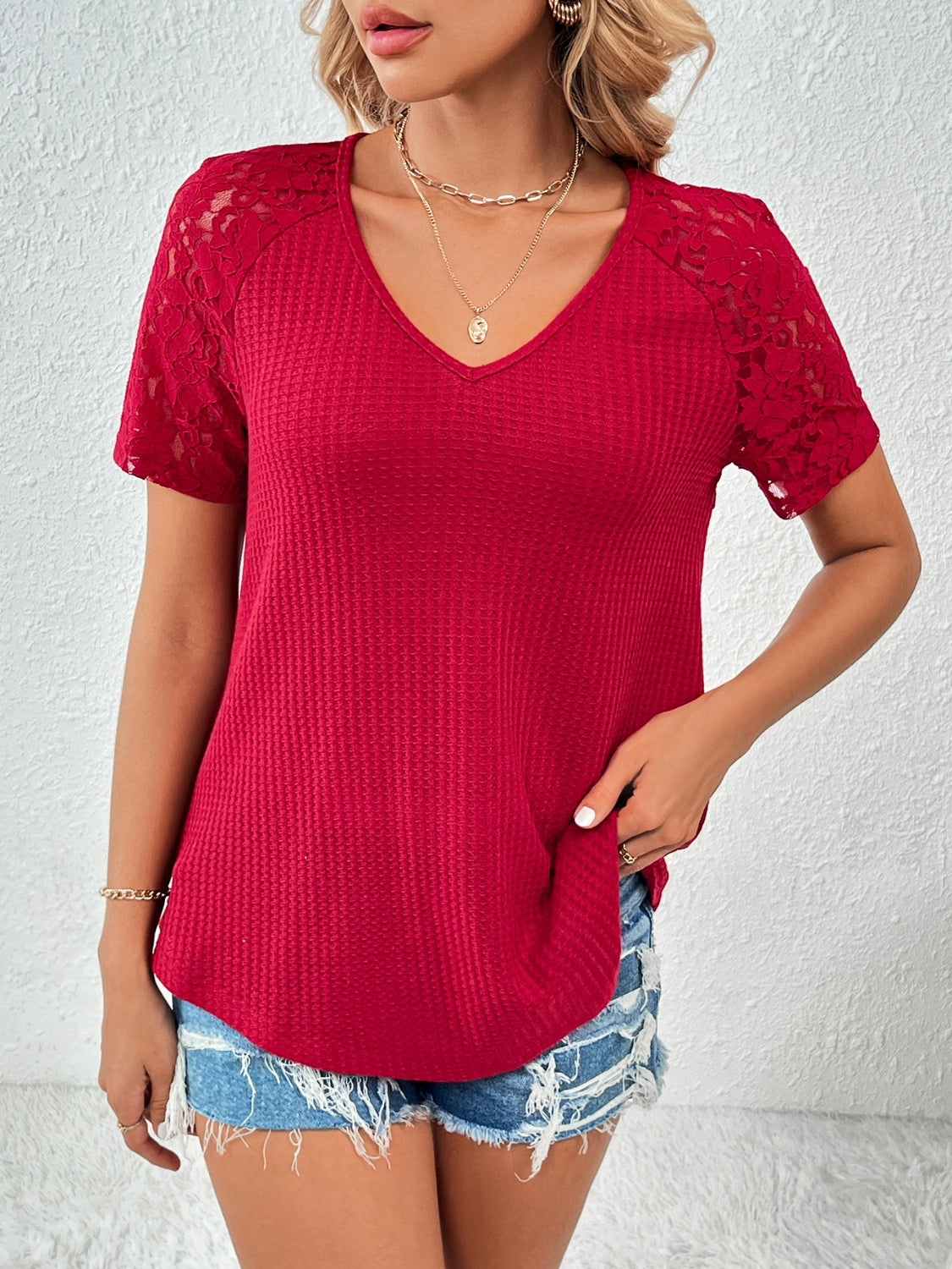 Lace Detail V-Neck Short Sleeve T-Shirt-Angel Casuals
