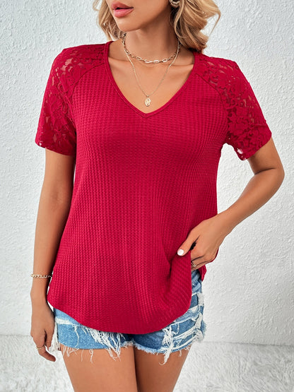 Lace Detail V-Neck Short Sleeve T-Shirt-Angel Casuals