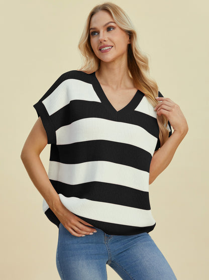 Double Take Full Size Striped V-Neck Short Sleeve Sweater-Angel Casuals