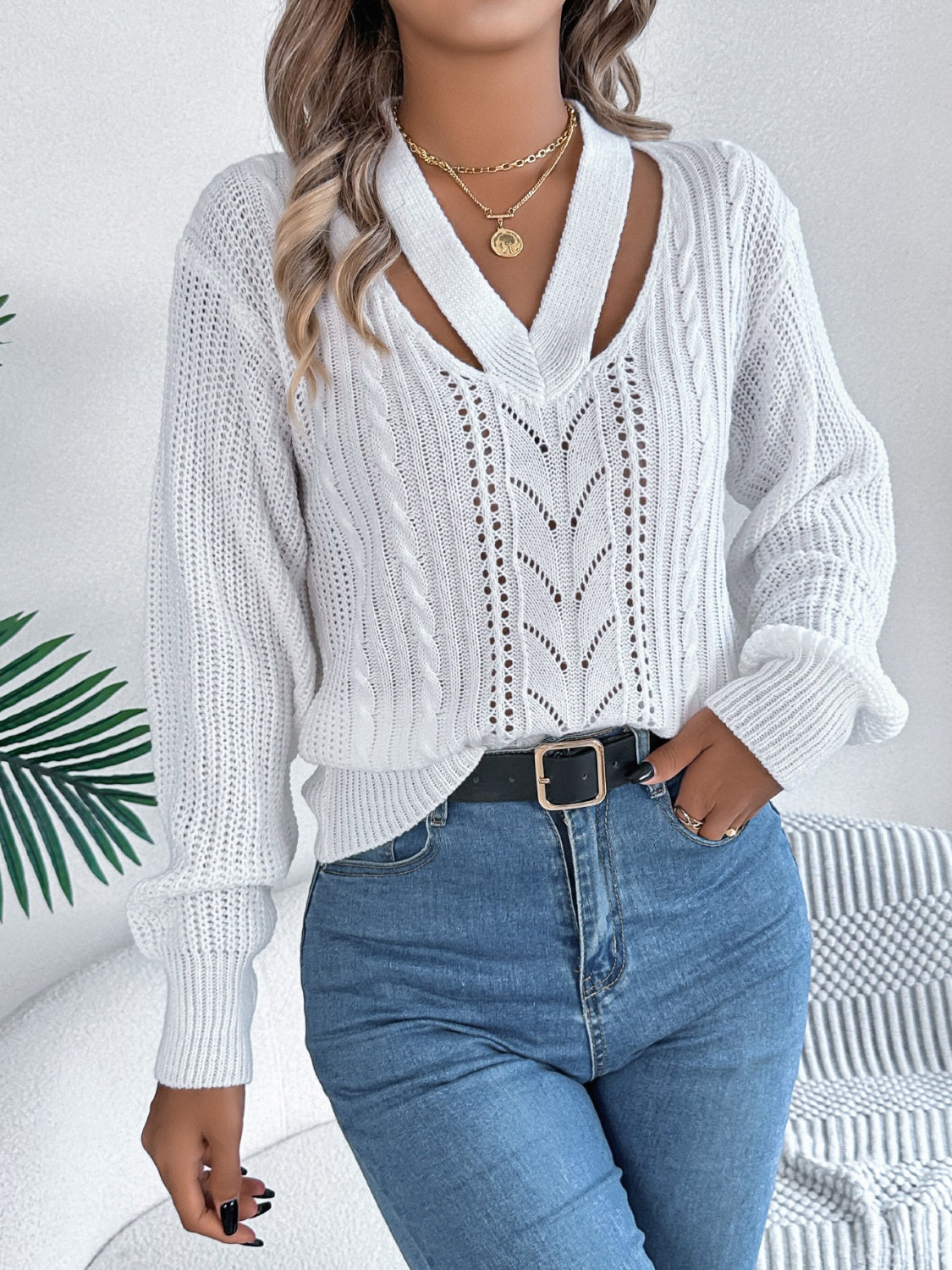 Cutout V-Neck Long Sleeve Sweater-Angel Casuals