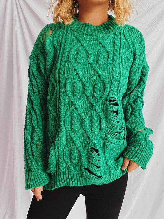 Distressed Cable-Knit Round Neck Long Sleeve Sweater-Angel Casuals