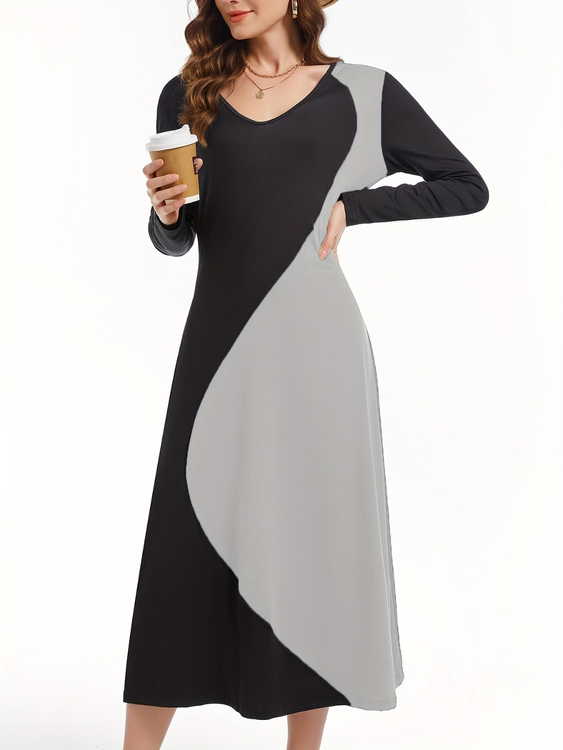 Contrast Long Sleeve Midi Dress-Angel Casuals