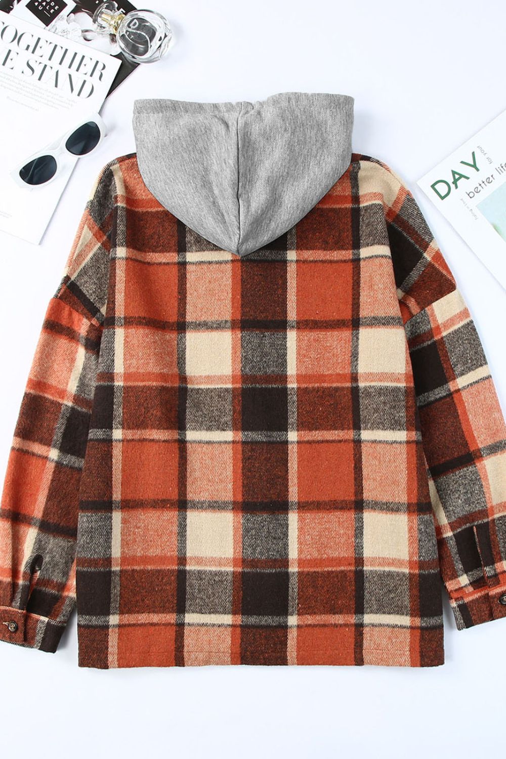 Plaid Button Up Hooded Shacket-Angel Casuals