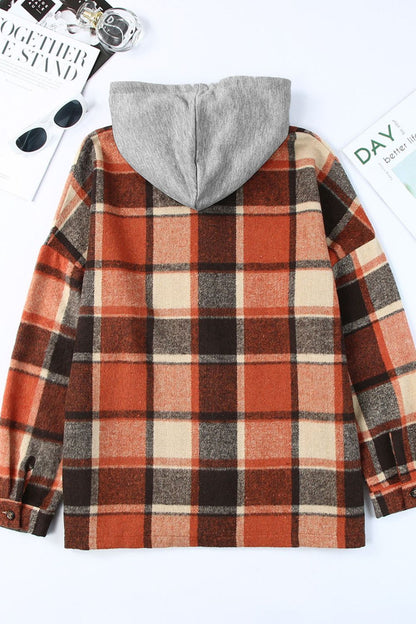 Plaid Button Up Hooded Shacket-Angel Casuals