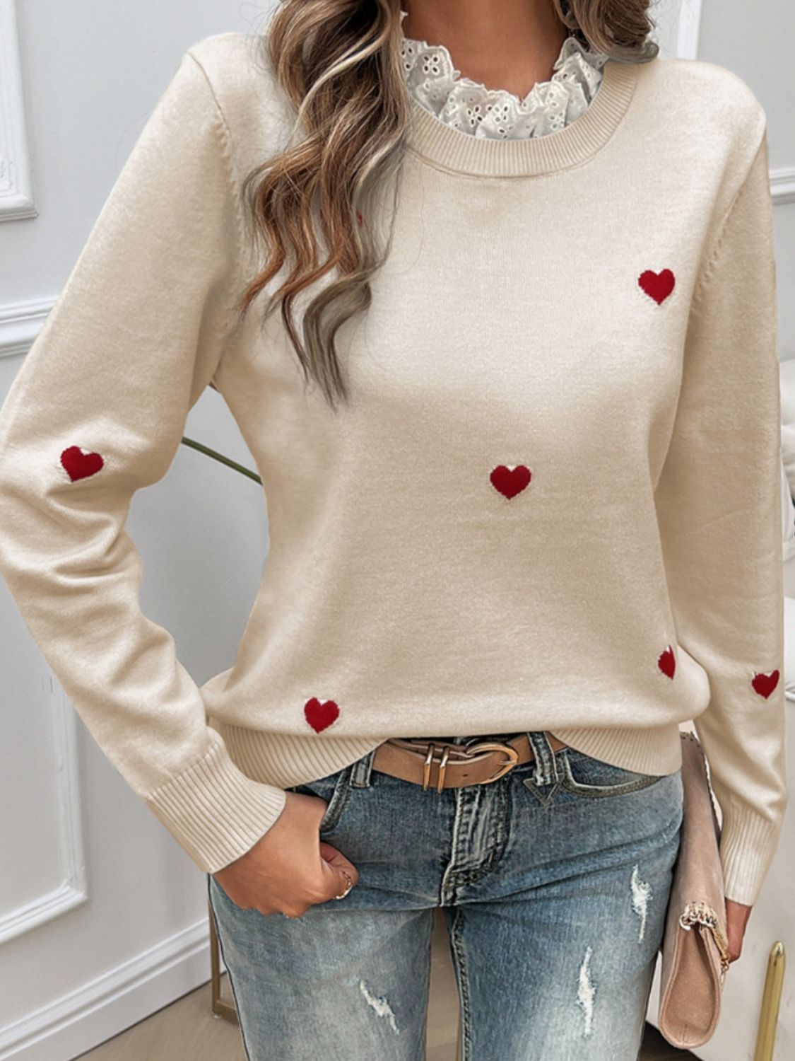 Devine Lace Detail Heart Long Sleeve Sweater-Angel Casuals