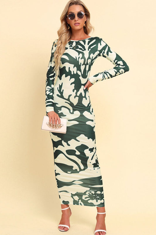 Printed Backless Long Sleeve Maxi Dress-Angel Casuals