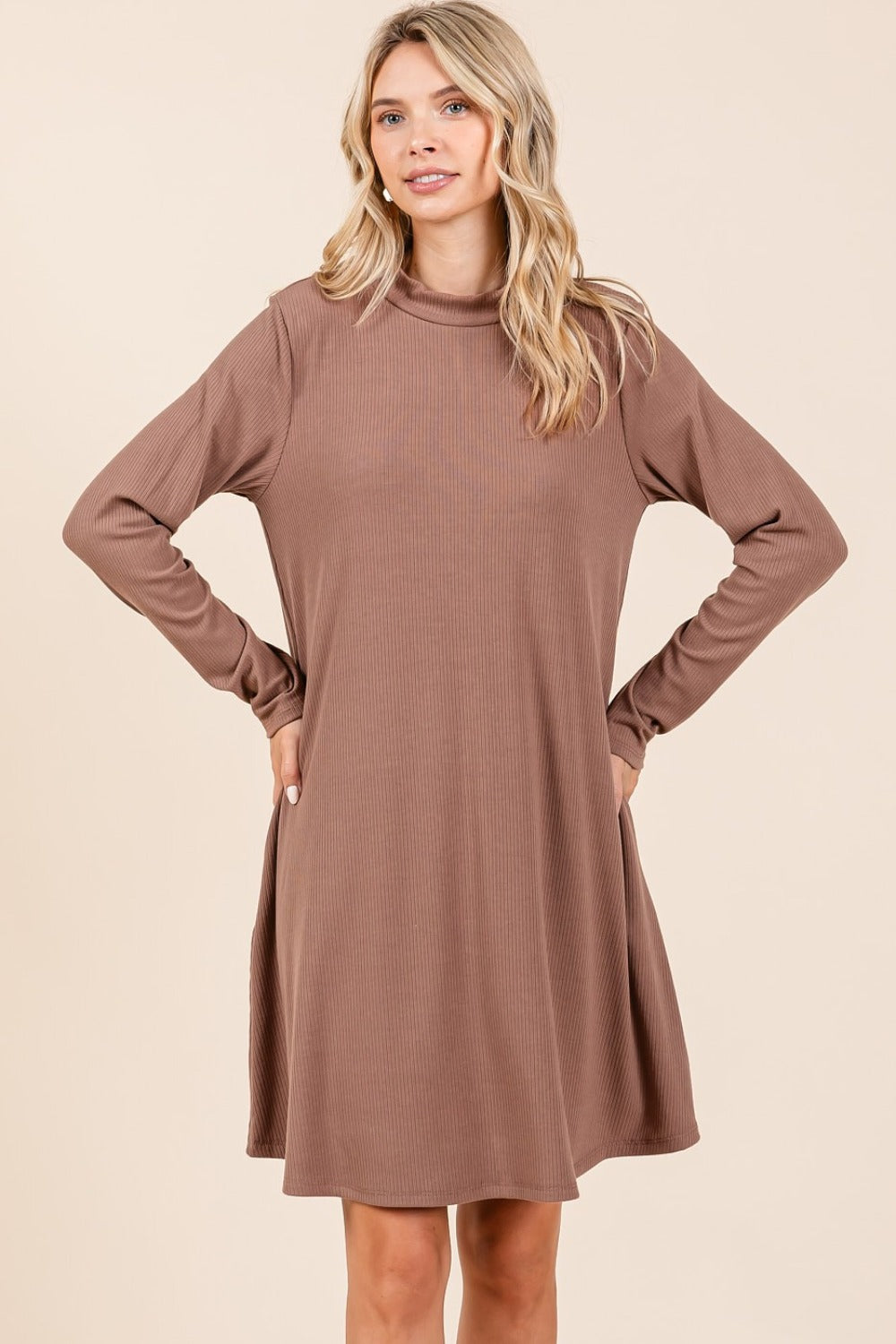 Mittoshop Mock Neck Long Sleeve Dress with Pockets-Angel Casuals