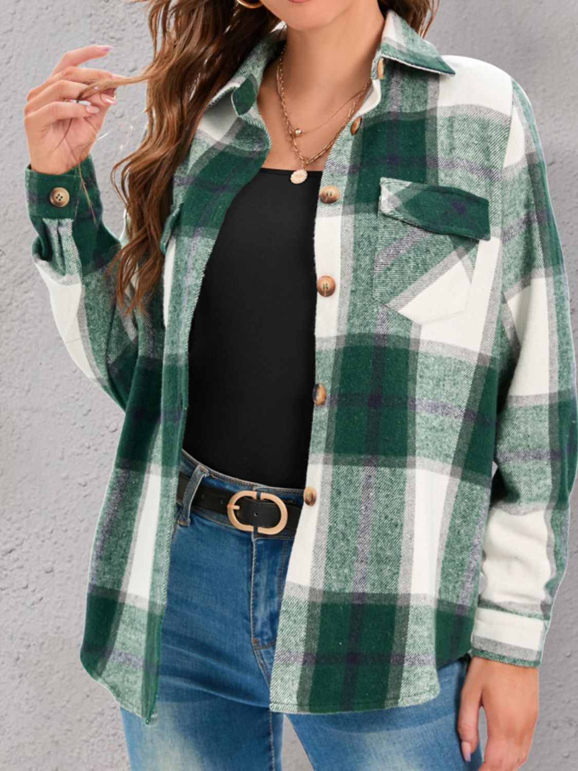 Full Size Pocketed Plaid Collared Neck Shacket-Angel Casuals