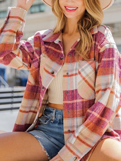 Snap Up Plaid Collared Neck Jacket with Pocket-Angel Casuals